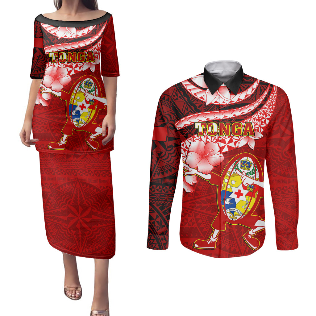 Tonga Rugby Couples Matching Puletasi Dress and Long Sleeve Button Shirts Ikale Tahi Tongan Ngatu Pattern With Dabbing Ball LT14 Red - Polynesian Pride