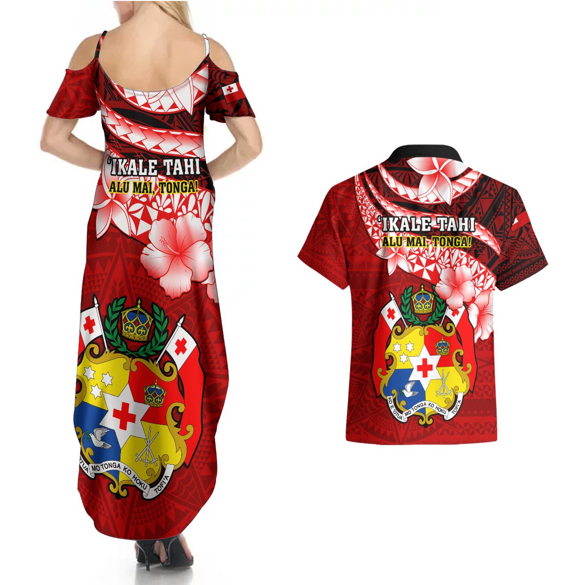 Tonga Rugby Couples Matching Summer Maxi Dress and Hawaiian Shirt Ikale Tahi Tongan Ngatu Pattern With Dabbing Ball LT14 - Polynesian Pride
