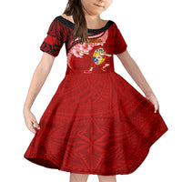 Tonga Rugby Kid Short Sleeve Dress Ikale Tahi Tongan Ngatu Pattern With Dabbing Ball LT14 KID Red - Polynesian Pride