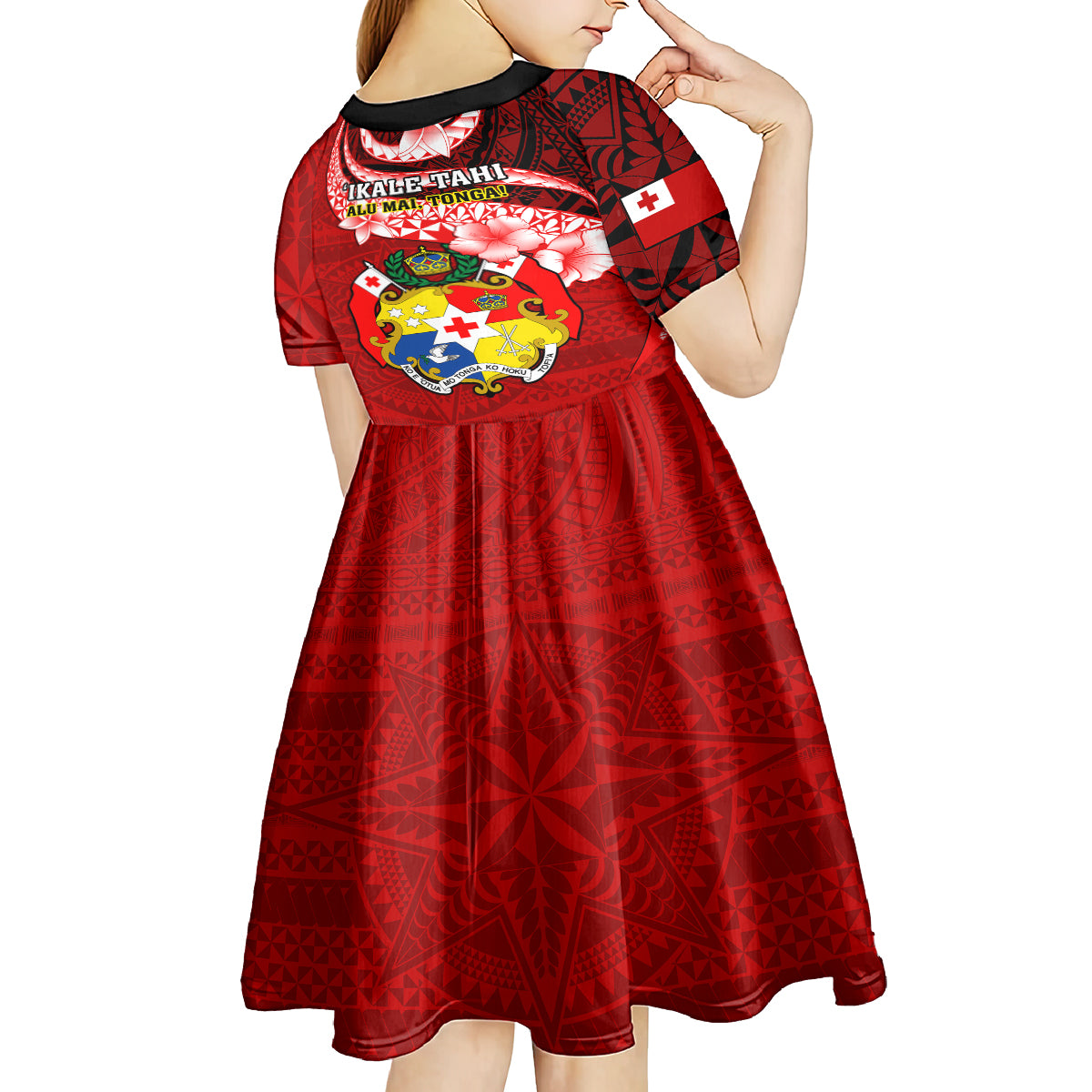 Tonga Rugby Kid Short Sleeve Dress Ikale Tahi Tongan Ngatu Pattern With Dabbing Ball LT14 - Polynesian Pride