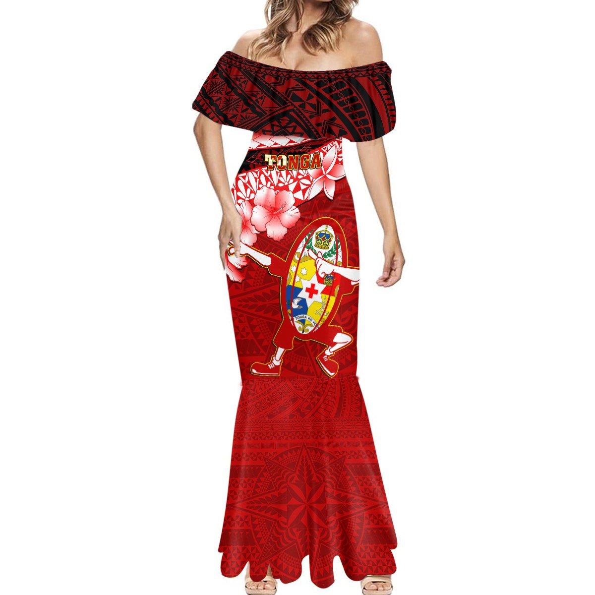 Tonga Rugby Mermaid Dress Ikale Tahi Tongan Ngatu Pattern With Dabbing Ball LT14 - Polynesian Pride