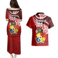 Custom Tonga Rugby Couples Matching Puletasi Dress and Hawaiian Shirt Ikale Tahi Tongan Ngatu Pattern With Dabbing Ball LT14 - Polynesian Pride