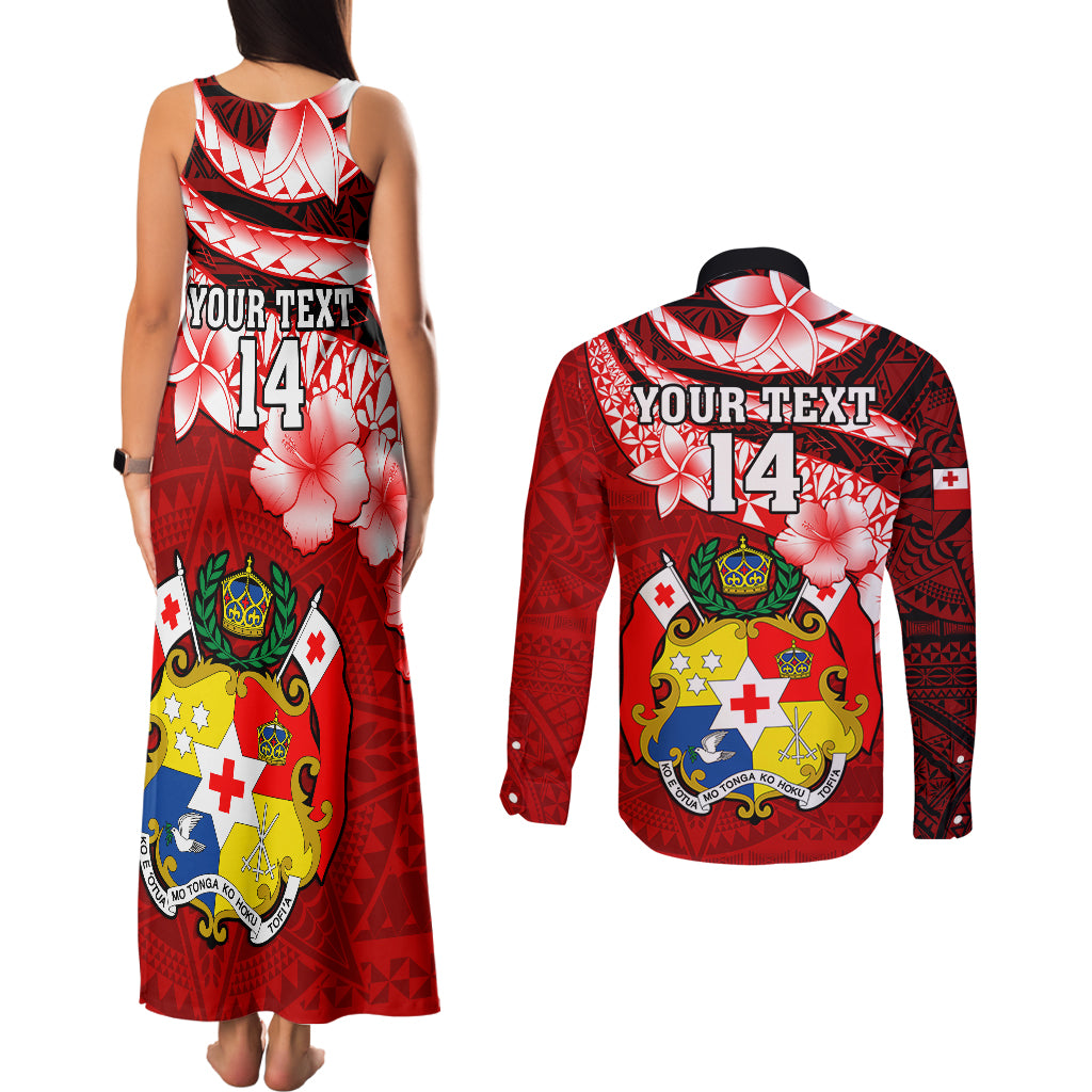 Custom Tonga Rugby Couples Matching Tank Maxi Dress and Long Sleeve Button Shirts Ikale Tahi Tongan Ngatu Pattern With Dabbing Ball LT14 - Polynesian Pride