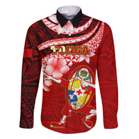Custom Tonga Rugby Family Matching Mermaid Dress and Hawaiian Shirt Ikale Tahi Tongan Ngatu Pattern With Dabbing Ball LT14 Dad's Shirt - Long Sleeve Red - Polynesian Pride