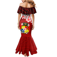 Custom Tonga Rugby Family Matching Mermaid Dress and Hawaiian Shirt Ikale Tahi Tongan Ngatu Pattern With Dabbing Ball LT14 - Polynesian Pride