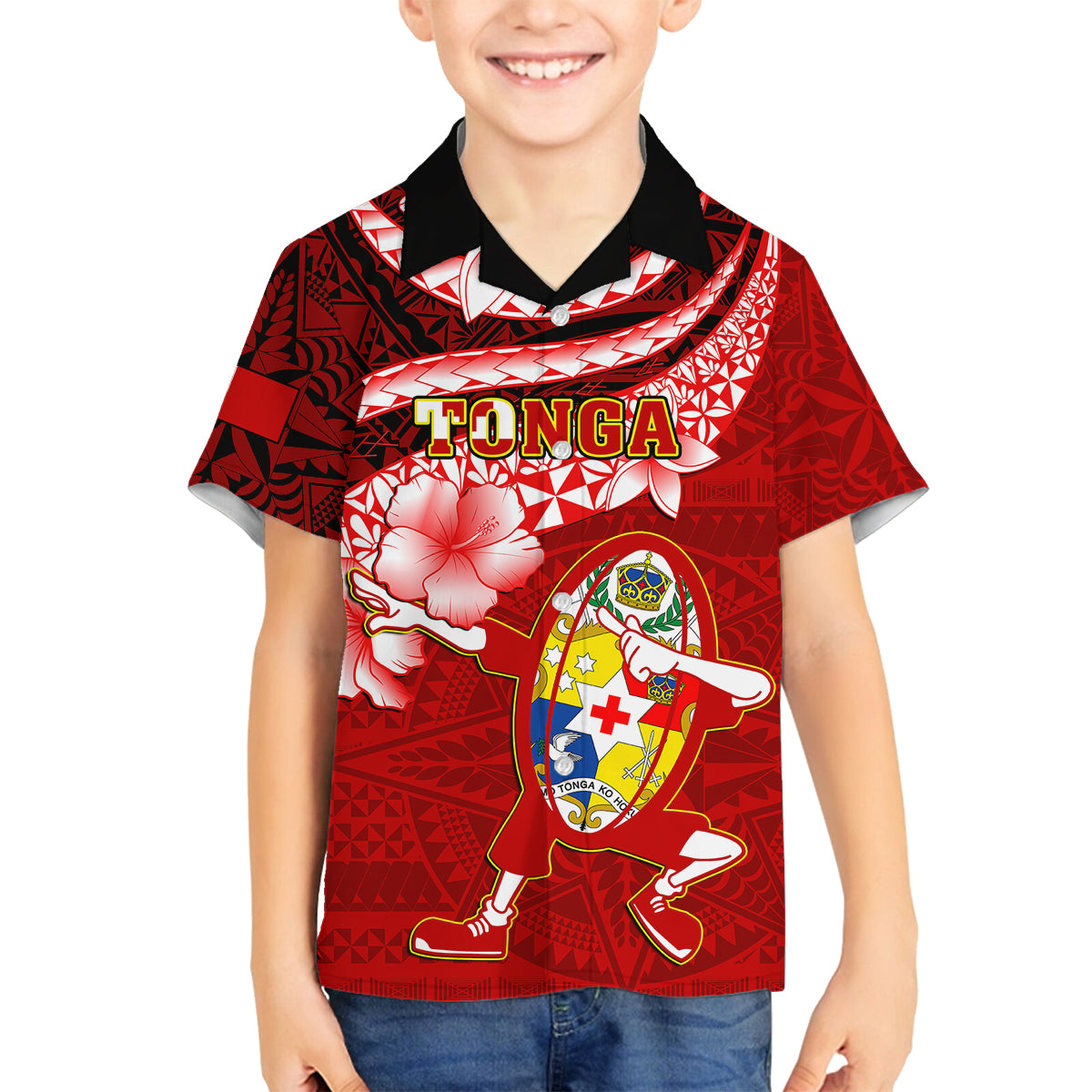 Custom Tonga Rugby Kid Hawaiian Shirt Ikale Tahi Tongan Ngatu Pattern With Dabbing Ball LT14 - Polynesian Pride
