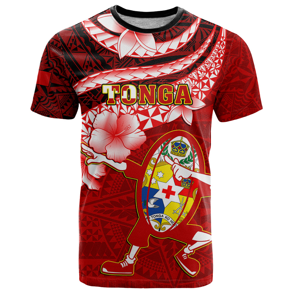 Custom Tonga Rugby T Shirt Ikale Tahi Tongan Ngatu Pattern With Dabbing Ball LT14 Red - Polynesian Pride