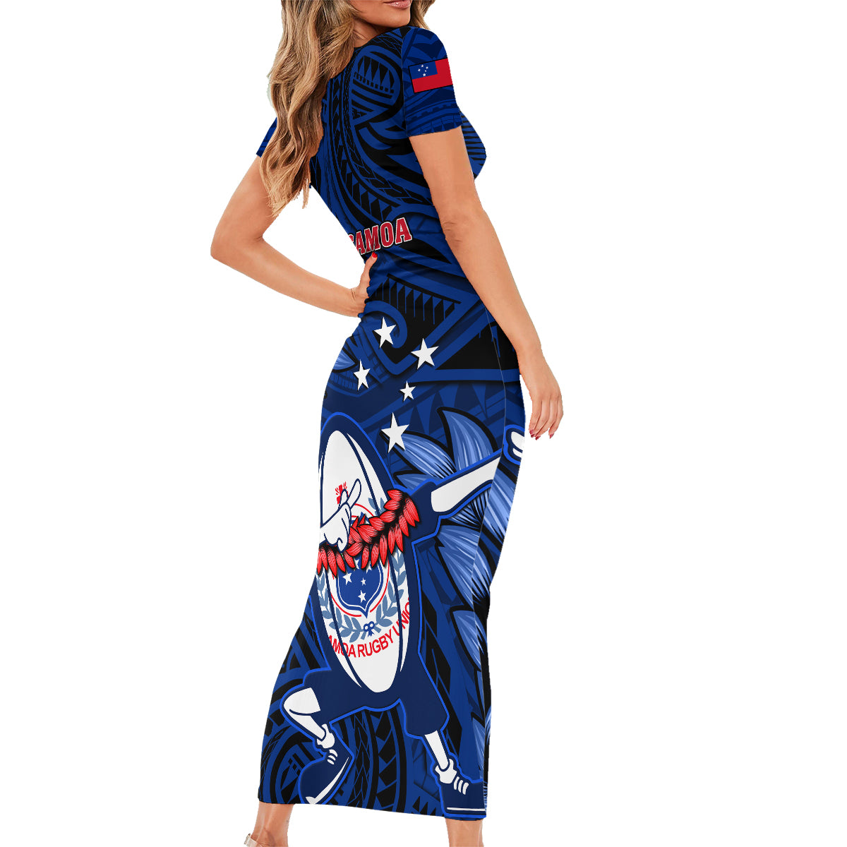 Samoa Rugby Family Matching Short Sleeve Bodycon Dress and Hawaiian Shirt Manu Samoa Ula Fala Dabbing Ball Polynesian Blue Version LT14 - Polynesian Pride