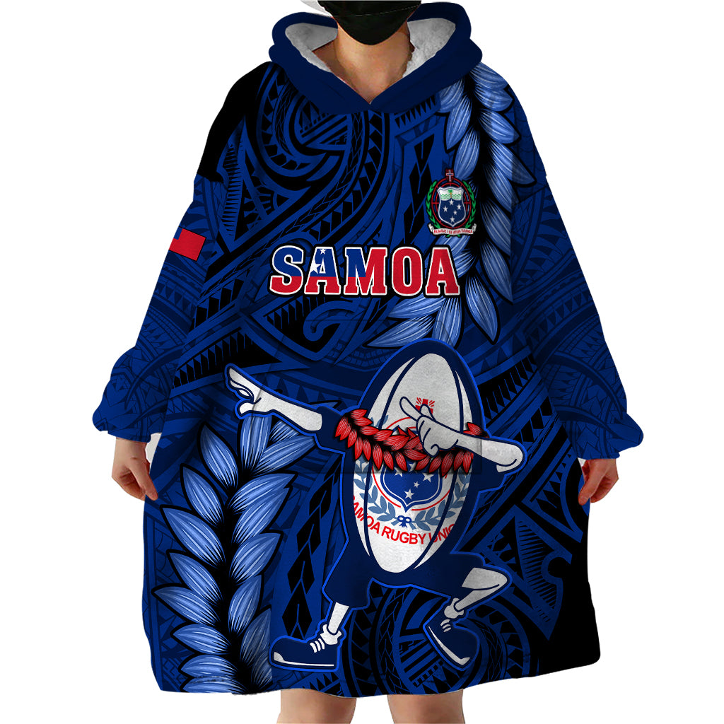 Samoa Rugby Wearable Blanket Hoodie Manu Samoa Ula Fala Dabbing Ball Polynesian Blue Version LT14 - Polynesian Pride