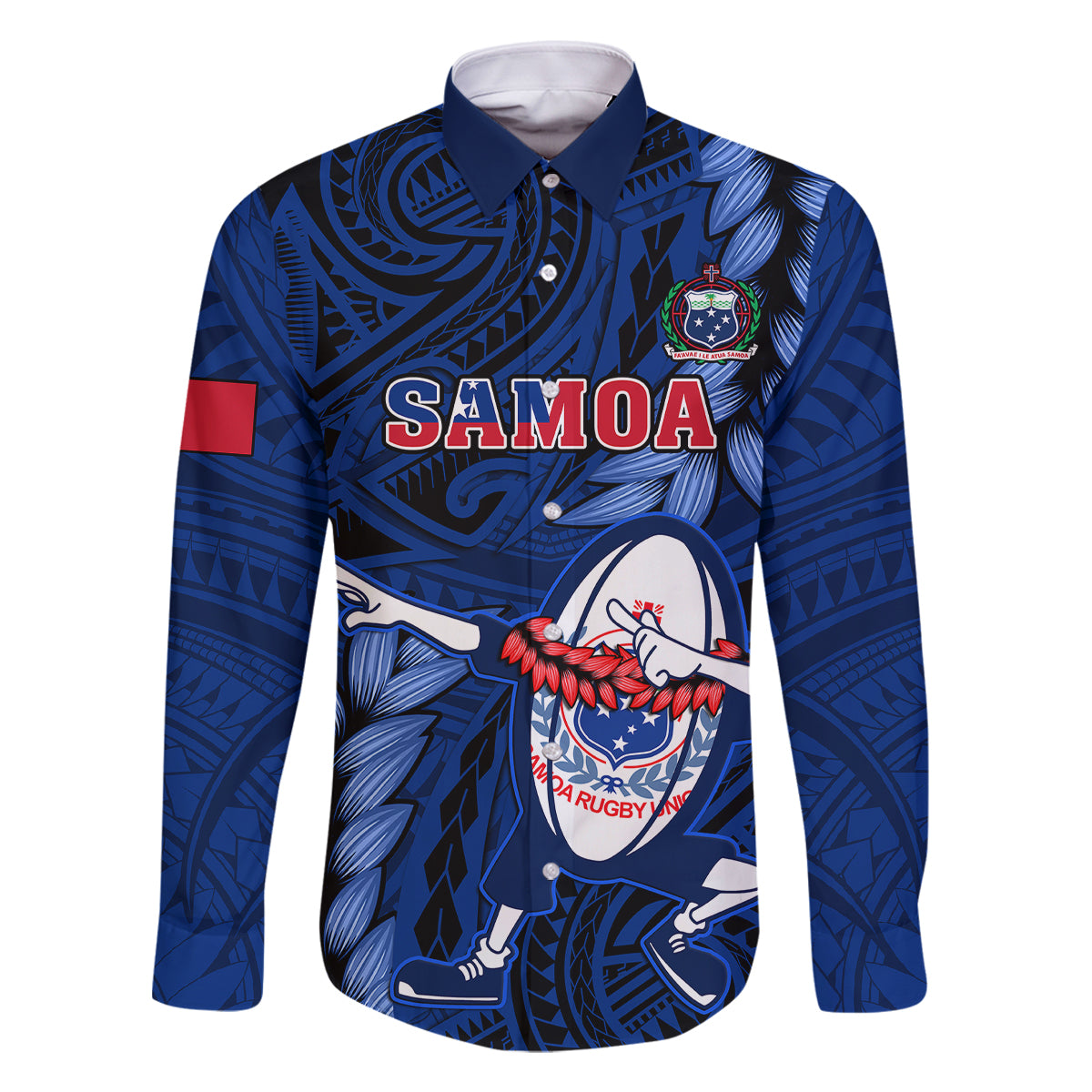 Custom Samoa Rugby Family Matching Mermaid Dress and Hawaiian Shirt Manu Samoa Ula Fala Dabbing Ball Polynesian Blue Version LT14 Dad's Shirt - Long Sleeve Blue - Polynesian Pride