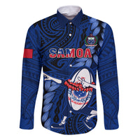 Custom Samoa Rugby Family Matching Mermaid Dress and Hawaiian Shirt Manu Samoa Ula Fala Dabbing Ball Polynesian Blue Version LT14 Dad's Shirt - Long Sleeve Blue - Polynesian Pride