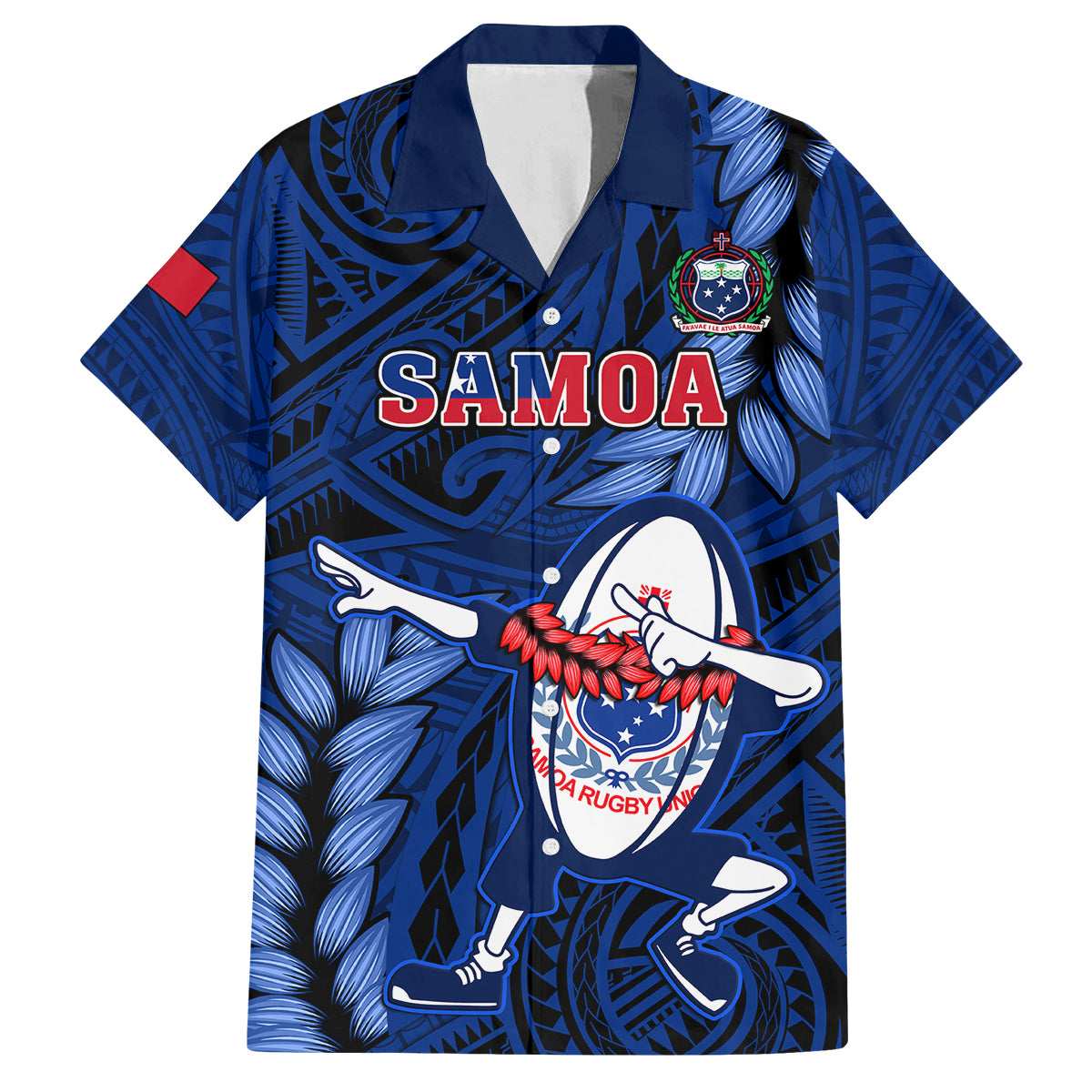 Custom Samoa Rugby Family Matching Off Shoulder Short Dress and Hawaiian Shirt Manu Samoa Ula Fala Dabbing Ball Polynesian Blue Version LT14 Dad's Shirt - Short Sleeve Blue - Polynesian Pride