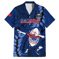 Custom Samoa Rugby Family Matching Off Shoulder Short Dress and Hawaiian Shirt Manu Samoa Ula Fala Dabbing Ball Polynesian Blue Version LT14 Dad's Shirt - Short Sleeve Blue - Polynesian Pride