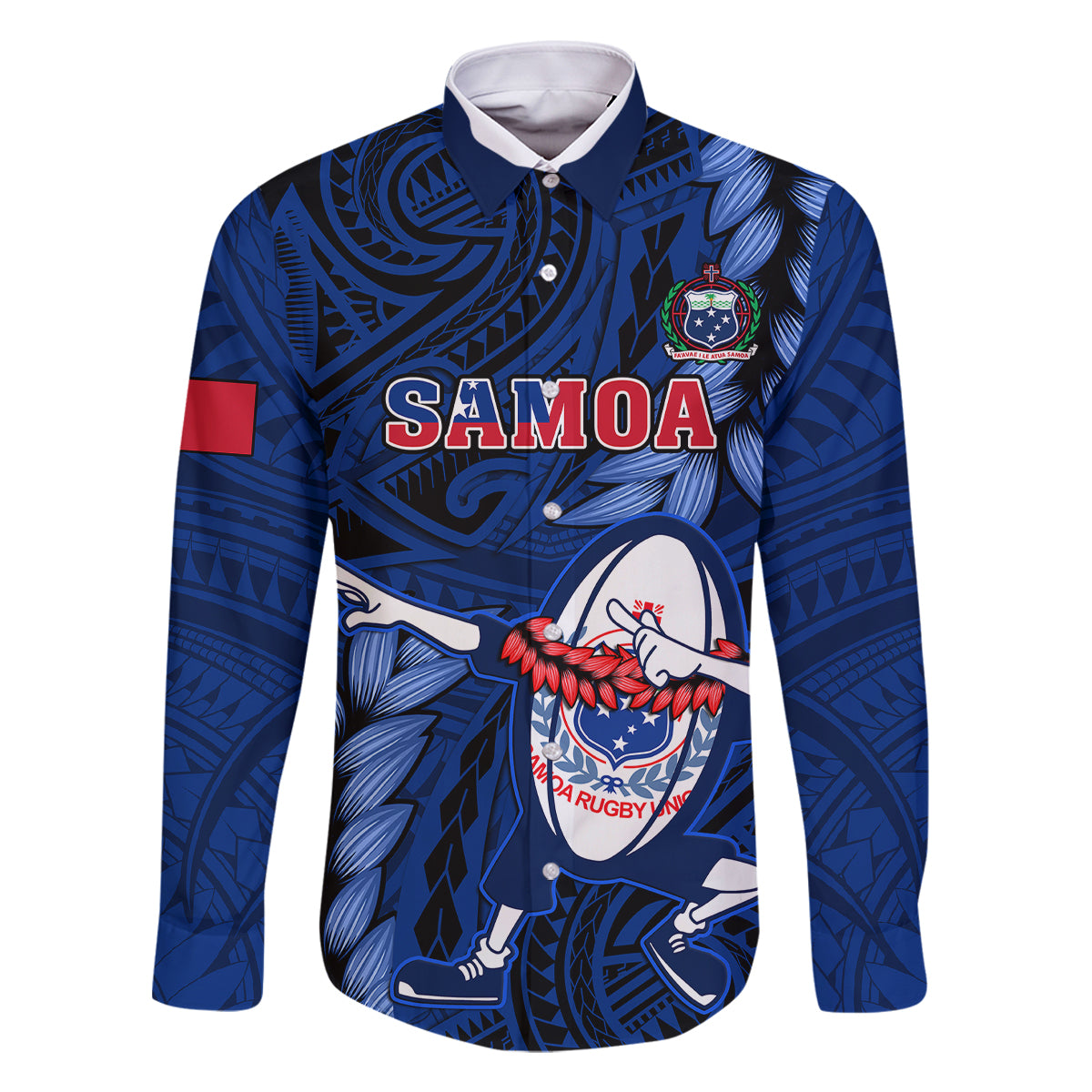 Custom Samoa Rugby Family Matching Off Shoulder Short Dress and Hawaiian Shirt Manu Samoa Ula Fala Dabbing Ball Polynesian Blue Version LT14 Dad's Shirt - Long Sleeve Blue - Polynesian Pride