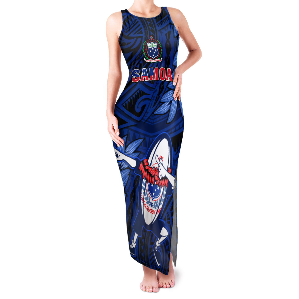 Custom Samoa Rugby Family Matching Tank Maxi Dress and Hawaiian Shirt Manu Samoa Ula Fala Dabbing Ball Polynesian Blue Version LT14 Mom's Dress Blue - Polynesian Pride