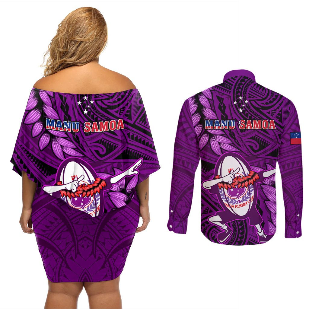 Samoa Rugby Couples Matching Off Shoulder Short Dress and Long Sleeve Button Shirts Manu Samoa Ula Fala Dabbing Ball Polynesian Purple Version LT14 - Polynesian Pride