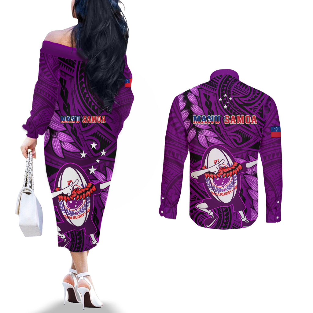 Samoa Rugby Couples Matching Off The Shoulder Long Sleeve Dress and Long Sleeve Button Shirts Manu Samoa Ula Fala Dabbing Ball Polynesian Purple Version LT14 - Polynesian Pride
