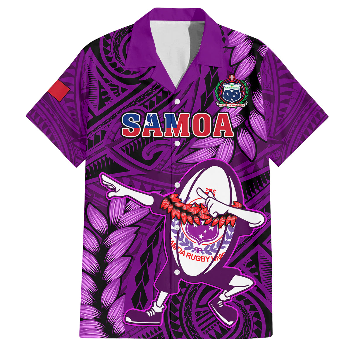 Samoa Rugby Family Matching Off Shoulder Long Sleeve Dress and Hawaiian Shirt Manu Samoa Ula Fala Dabbing Ball Polynesian Purple Version LT14 - Polynesian Pride