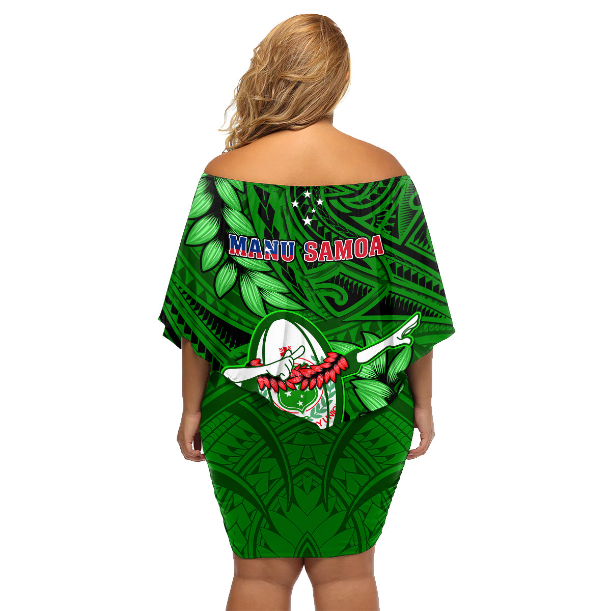 Samoa Rugby Family Matching Off Shoulder Short Dress and Hawaiian Shirt Manu Samoa Ula Fala Dabbing Ball Polynesian Green Version LT14 - Polynesian Pride