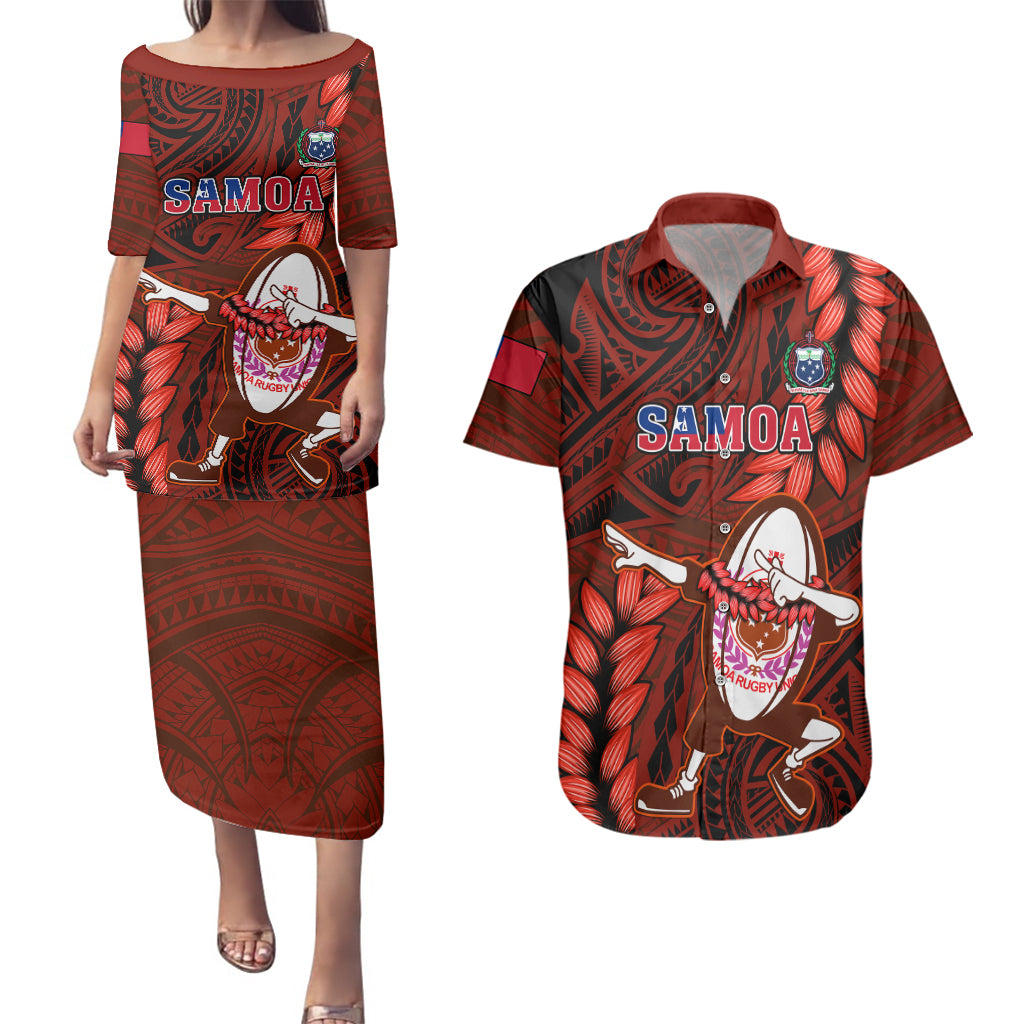 Samoa Rugby Couples Matching Puletasi Dress and Hawaiian Shirt Manu Samoa Ula Fala Dabbing Ball Polynesian Red Version LT14 Red - Polynesian Pride