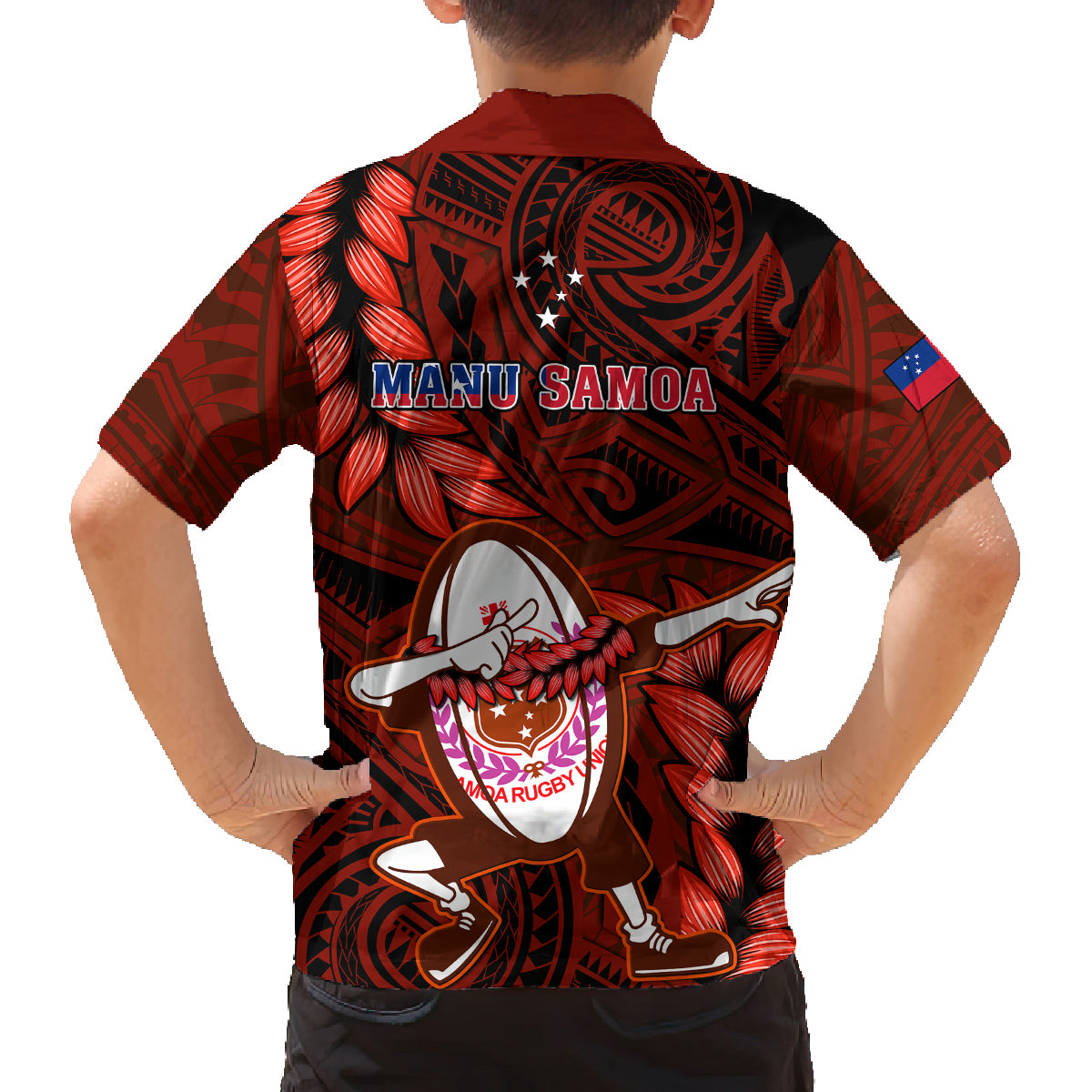 Samoa Rugby Family Matching Off Shoulder Maxi Dress and Hawaiian Shirt Manu Samoa Ula Fala Dabbing Ball Polynesian Red Version LT14 - Polynesian Pride