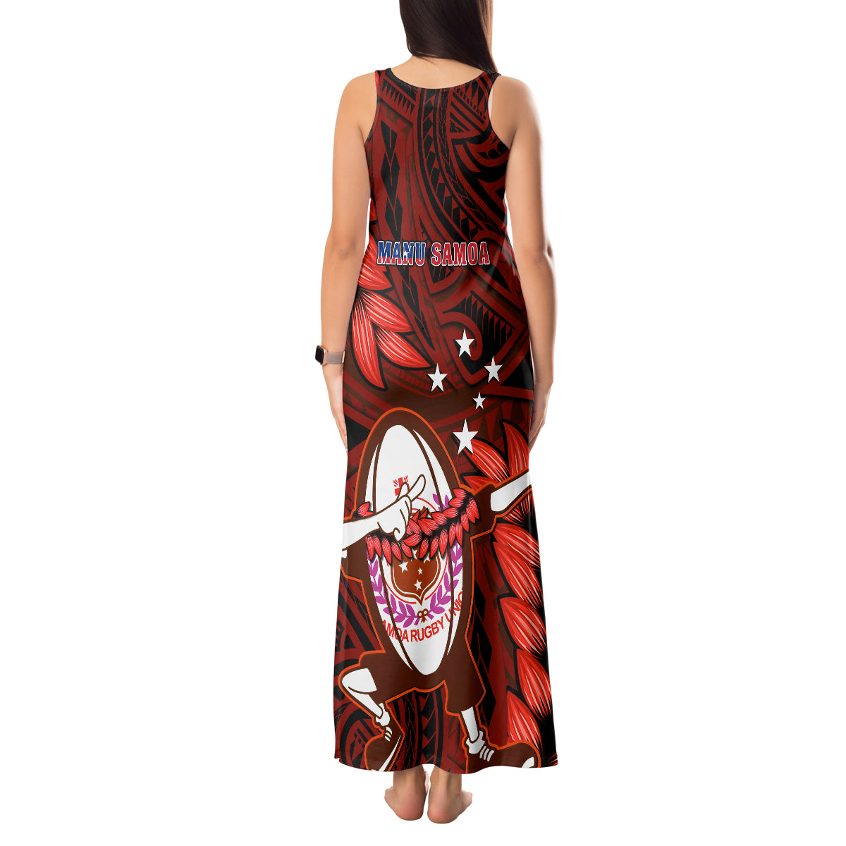 Samoa Rugby Tank Maxi Dress Manu Samoa Ula Fala Dabbing Ball Polynesian Red Version LT14 - Polynesian Pride