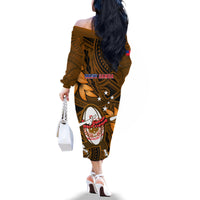 Samoa Rugby Family Matching Off Shoulder Long Sleeve Dress and Hawaiian Shirt Manu Samoa Ula Fala Dabbing Ball Polynesian Gold Version LT14 - Polynesian Pride