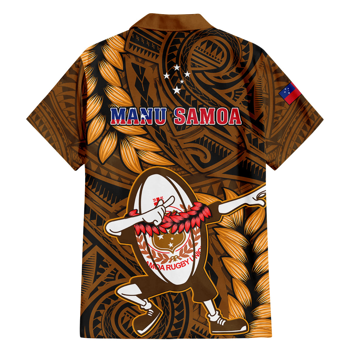 Samoa Rugby Family Matching Off Shoulder Short Dress and Hawaiian Shirt Manu Samoa Ula Fala Dabbing Ball Polynesian Gold Version LT14 - Polynesian Pride