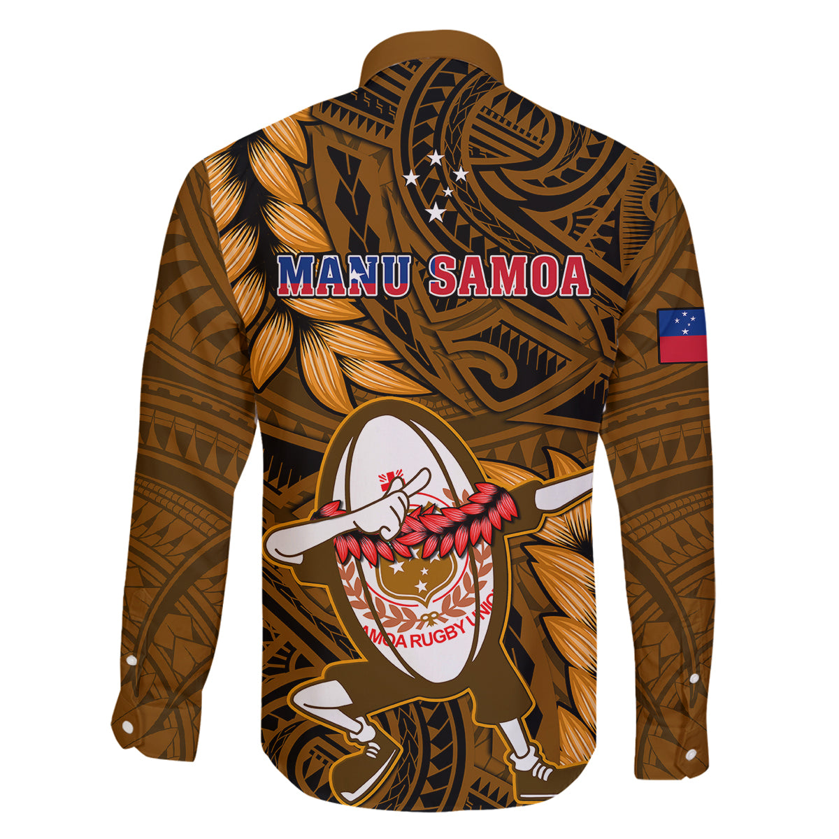 Samoa Rugby Family Matching Puletasi Dress and Hawaiian Shirt Manu Samoa Ula Fala Dabbing Ball Polynesian Gold Version LT14 - Polynesian Pride