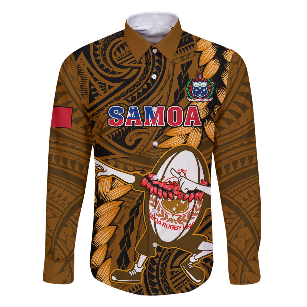 Samoa Rugby Family Matching Short Sleeve Bodycon Dress and Hawaiian Shirt Manu Samoa Ula Fala Dabbing Ball Polynesian Gold Version LT14 - Polynesian Pride