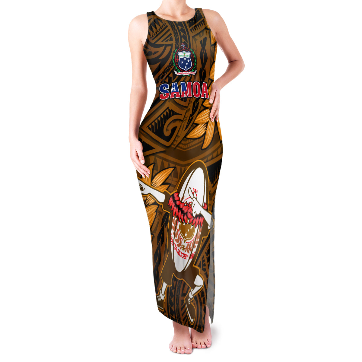 Samoa Rugby Family Matching Tank Maxi Dress and Hawaiian Shirt Manu Samoa Ula Fala Dabbing Ball Polynesian Gold Version LT14 - Polynesian Pride