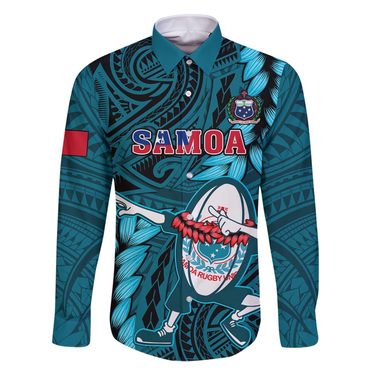 Samoa Rugby Family Matching Mermaid Dress and Hawaiian Shirt Manu Samoa Ula Fala Dabbing Ball Polynesian Turquoise Version LT14 - Polynesian Pride
