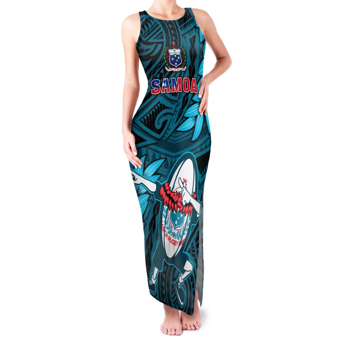 Samoa Rugby Family Matching Tank Maxi Dress and Hawaiian Shirt Manu Samoa Ula Fala Dabbing Ball Polynesian Turquoise Version LT14 - Polynesian Pride