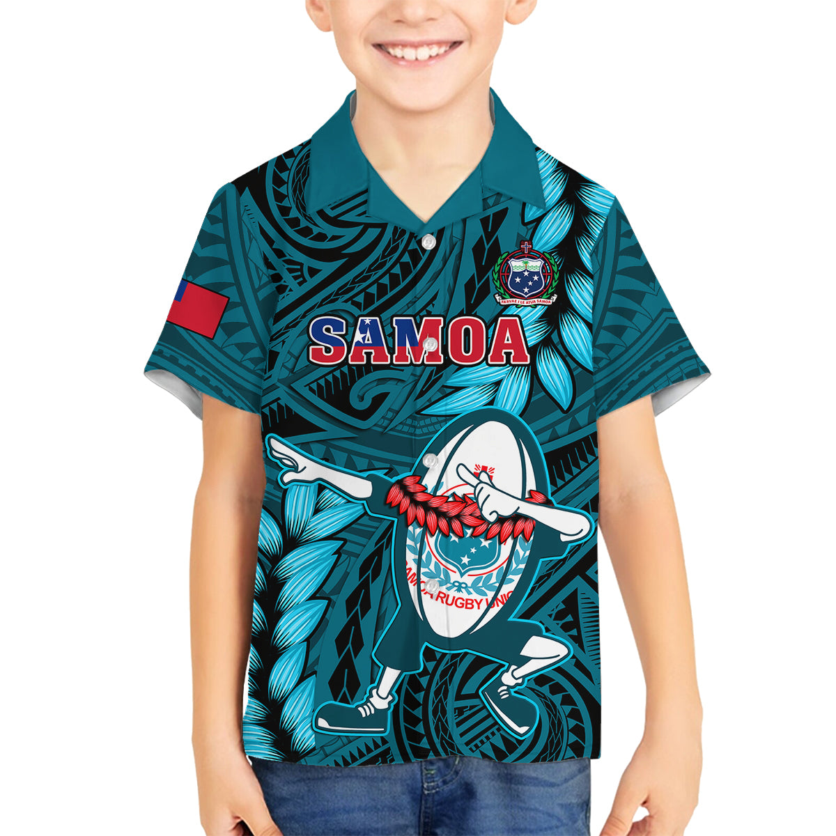 Samoa Rugby Family Matching Tank Maxi Dress and Hawaiian Shirt Manu Samoa Ula Fala Dabbing Ball Polynesian Turquoise Version LT14 - Polynesian Pride