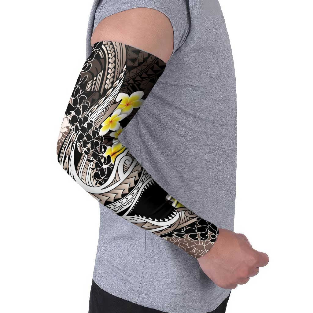 Brown and Black Hawaii Shark Tattoo Arm Sleeves Puakenikeni Lei Plumeria Polynesian Pattern - Polynesian Pride