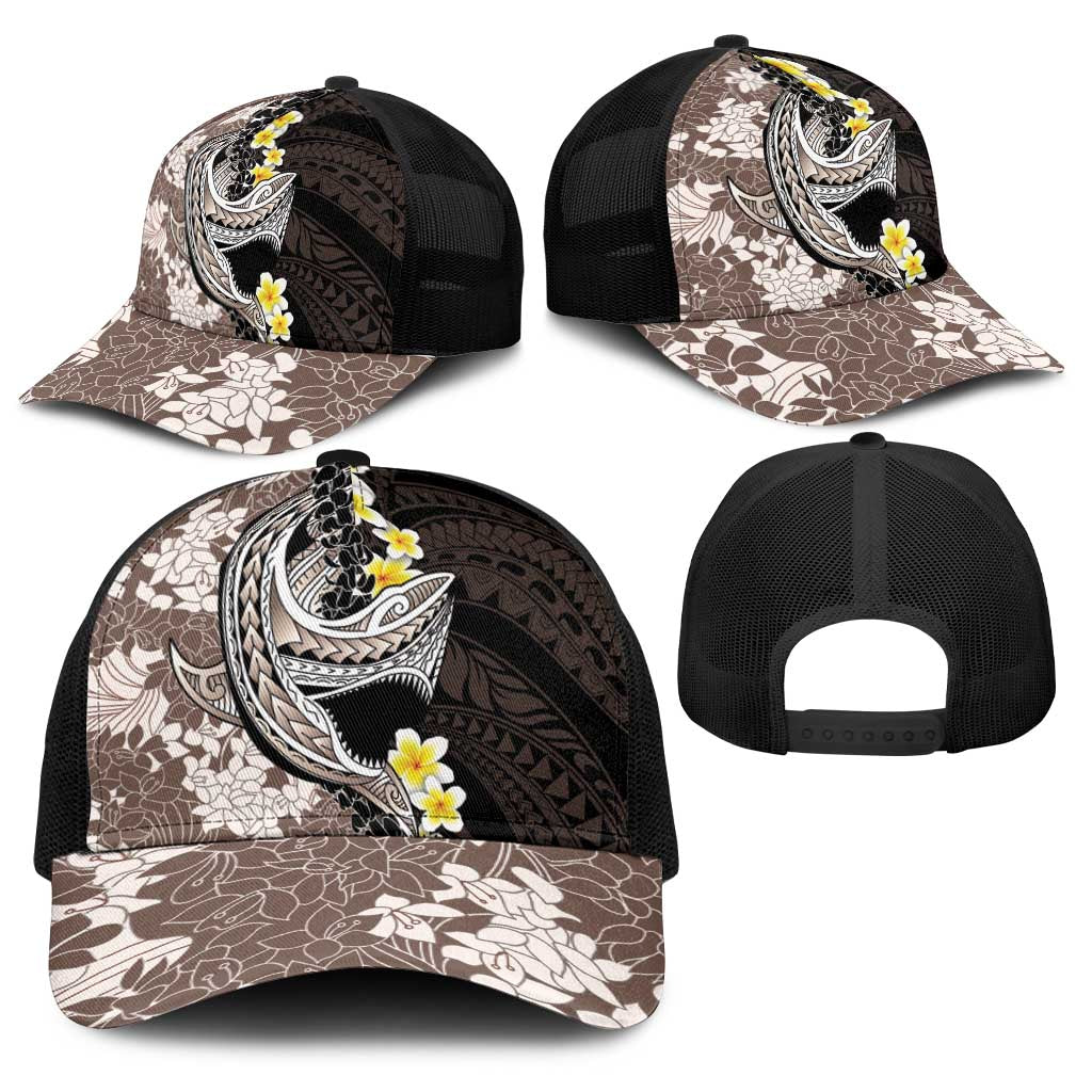 Brown and Black Hawaii Shark Tattoo Baseball Net Cap Puakenikeni Lei Plumeria Polynesian Pattern - Polynesian Pride
