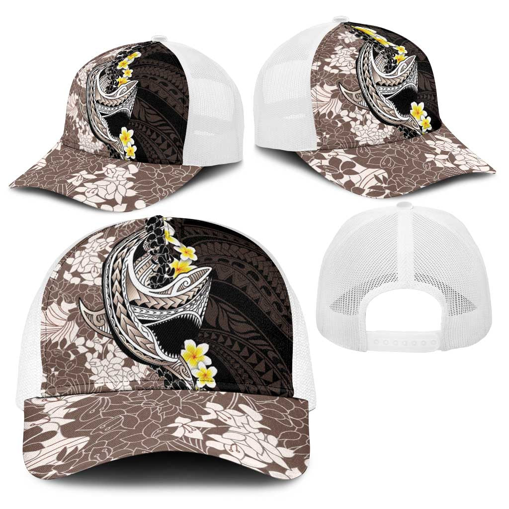 Brown and Black Hawaii Shark Tattoo Baseball Net Cap Puakenikeni Lei Plumeria Polynesian Pattern - Polynesian Pride