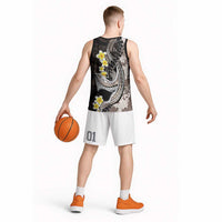 Brown and Black Hawaii Shark Tattoo Basketball Jersey Puakenikeni Lei Plumeria Polynesian Pattern - Polynesian Pride