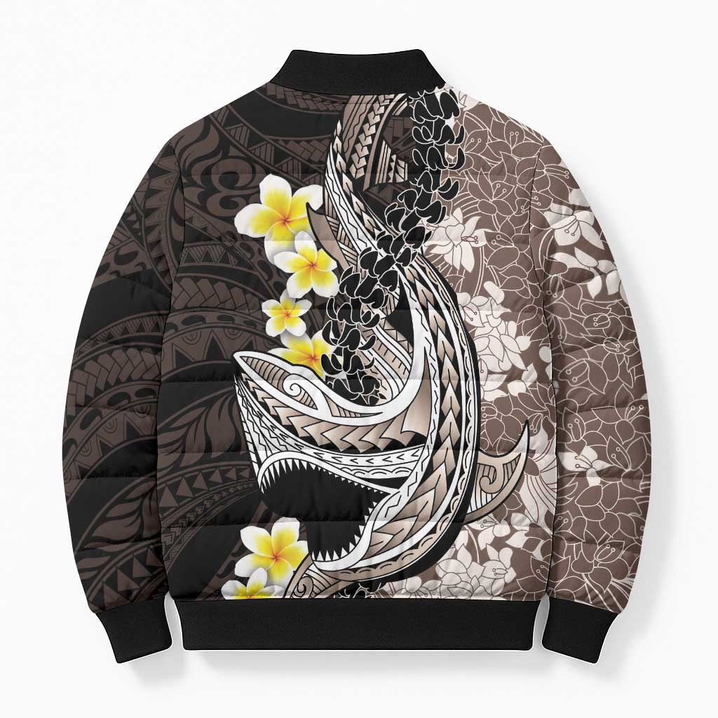 Brown and Black Hawaii Shark Tattoo Bomber Puffer Jacket Puakenikeni Lei Plumeria Polynesian Pattern - Polynesian Pride