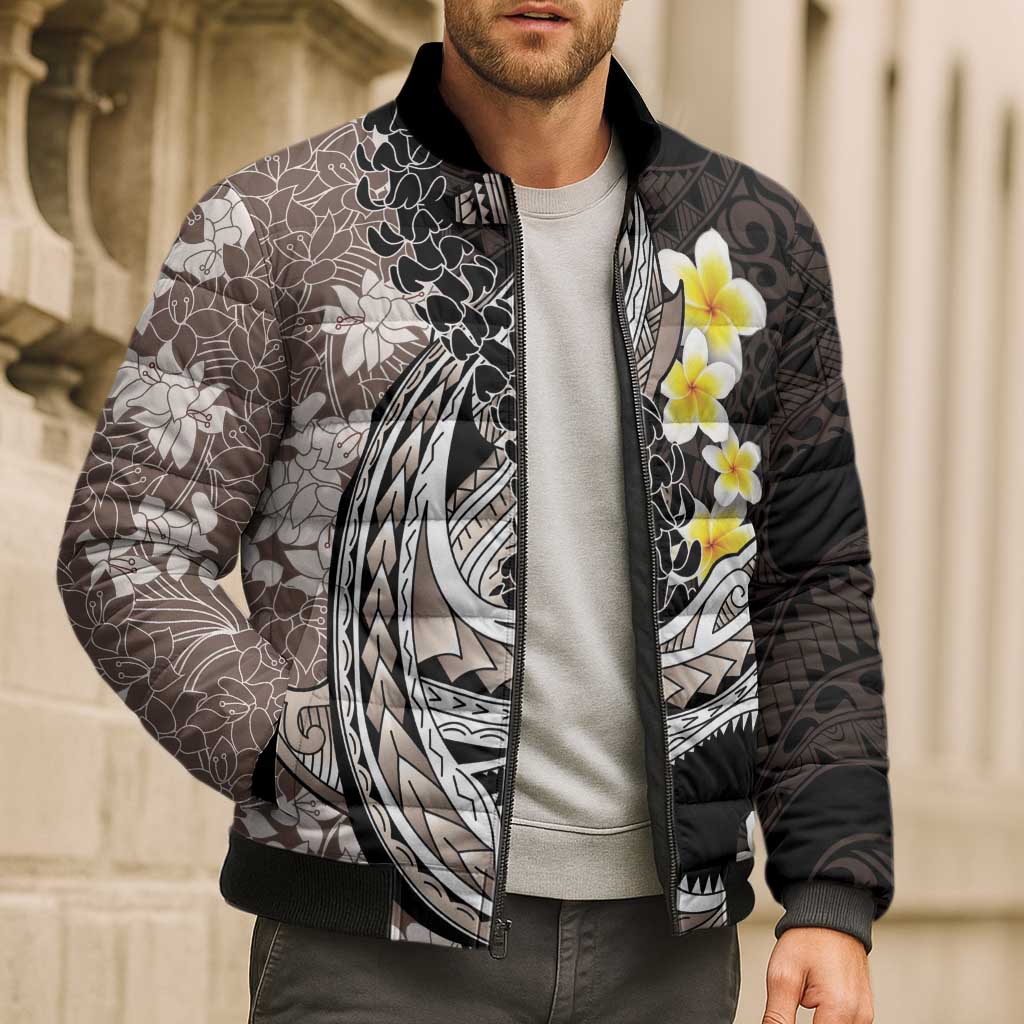 Brown and Black Hawaii Shark Tattoo Bomber Puffer Jacket Puakenikeni Lei Plumeria Polynesian Pattern - Polynesian Pride