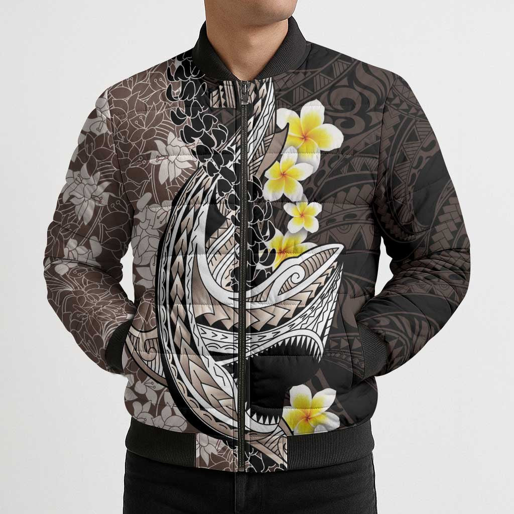 Brown and Black Hawaii Shark Tattoo Bomber Puffer Jacket Puakenikeni Lei Plumeria Polynesian Pattern - Polynesian Pride
