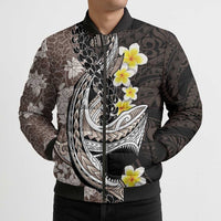 Brown and Black Hawaii Shark Tattoo Bomber Puffer Jacket Puakenikeni Lei Plumeria Polynesian Pattern - Polynesian Pride