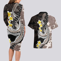 Brown and Black Hawaii Shark Tattoo Couples Matching Long Sleeve Bodycon Dress and Hawaiian Shirt Puakenikeni Lei Plumeria Polynesian Pattern LT14 - Polynesian Pride