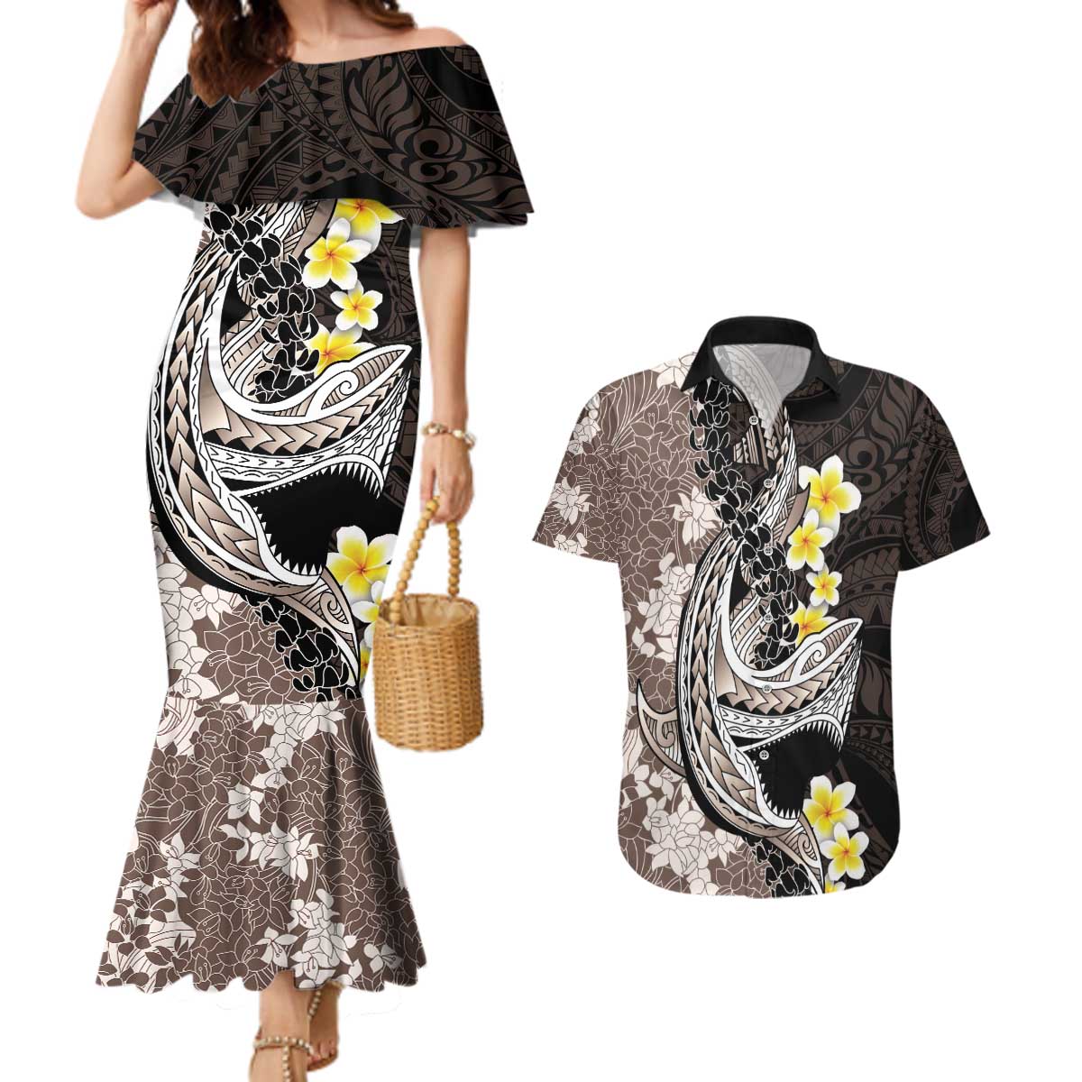 Brown and Black Hawaii Shark Tattoo Couples Matching Mermaid Dress and Hawaiian Shirt Puakenikeni Lei Plumeria Polynesian Pattern LT14 Black - Polynesian Pride