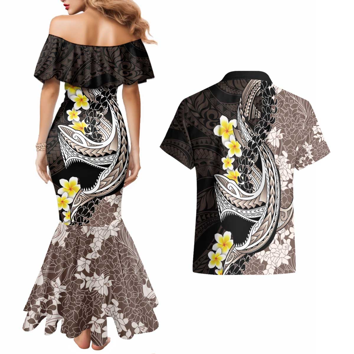 Brown and Black Hawaii Shark Tattoo Couples Matching Mermaid Dress and Hawaiian Shirt Puakenikeni Lei Plumeria Polynesian Pattern LT14 - Polynesian Pride