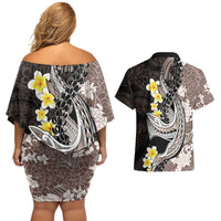 Brown and Black Hawaii Shark Tattoo Couples Matching Off Shoulder Short Dress and Hawaiian Shirt Puakenikeni Lei Plumeria Polynesian Pattern LT14 - Polynesian Pride