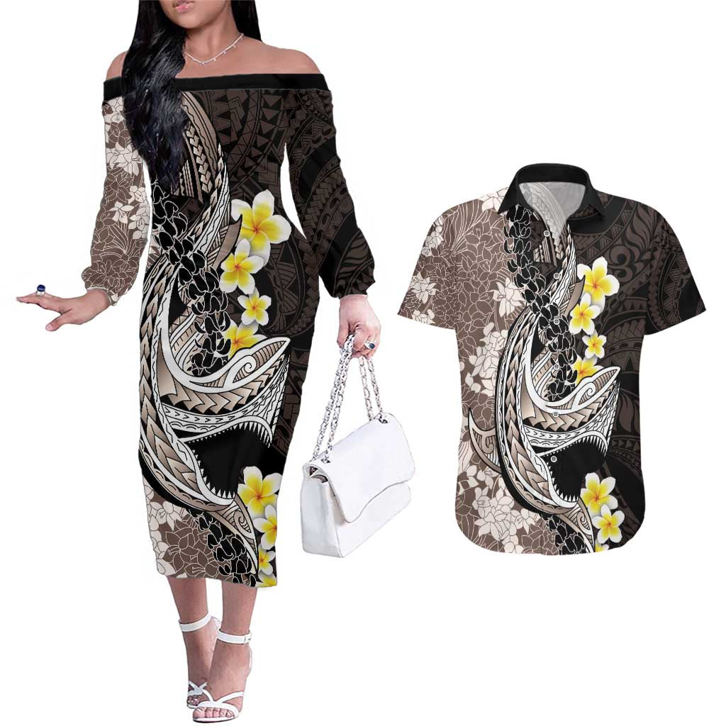 Brown and Black Hawaii Shark Tattoo Couples Matching Off The Shoulder Long Sleeve Dress and Hawaiian Shirt Puakenikeni Lei Plumeria Polynesian Pattern - Polynesian Pride