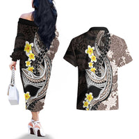 Brown and Black Hawaii Shark Tattoo Couples Matching Off The Shoulder Long Sleeve Dress and Hawaiian Shirt Puakenikeni Lei Plumeria Polynesian Pattern LT14 - Polynesian Pride