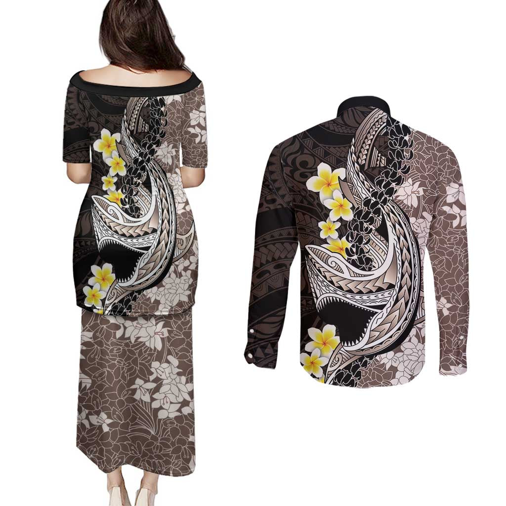 Brown and Black Hawaii Shark Tattoo Couples Matching Puletasi and Long Sleeve Button Shirt Puakenikeni Lei Plumeria Polynesian Pattern - Polynesian Pride