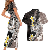 Brown and Black Hawaii Shark Tattoo Couples Matching Short Sleeve Bodycon Dress and Hawaiian Shirt Puakenikeni Lei Plumeria Polynesian Pattern LT14 - Polynesian Pride